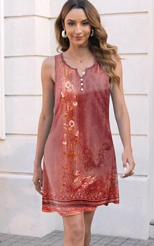 Image of Disamer Womens Summer Dress 2026 Casual Button Down V Neck Sleeveless Boho Floral Beach Sundresses Vacation A-Line Dresses