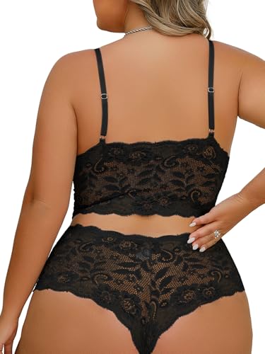 Image of Lilosy Sexy Women Floral Lace Pajamas Lingerie Set High Waist See Through Sleepwear Sheer Nightwear Cami Shorts Bra and Panty 2 Piece Plus Black 4X-Large