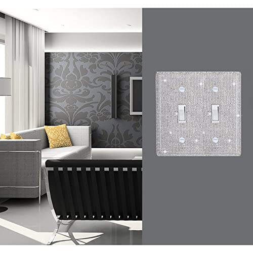 Image of Shiny Silver Rhinestones Wall Plate Cover Double Toggle Toggle Light Switch Cover Rhinestones Outlet Covers Wall Plate 2 Gang