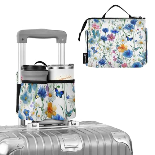 Image of Luggage Cup Holder for Suitcases Free Hands Suitcase Cup Holder Travel Luggage Drink Holder Portable Luggage Cup Caddy Bag Carrier with Handle Watercolor Cornflower Daisy