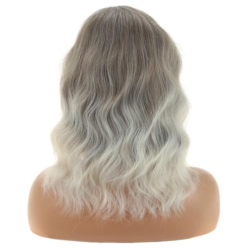 Image of BERON Brown and Platinum Wigs for Womens Short Curly Wavy Wig Girls 14 Inch Ombre Blonde Side Part Wigs Shoulder Length Heat Resistant Synthetic Cosplay Party or Daily Use Wig