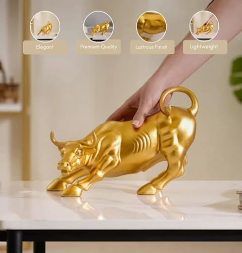 Image of UAG Exports Golden Charging Bull Showpiece - 9 Inches | Durable Polyresin Build | Stock Market Bull Statue for Office Desk, Living Room, Home, & Workstation | Business Success Gift Item