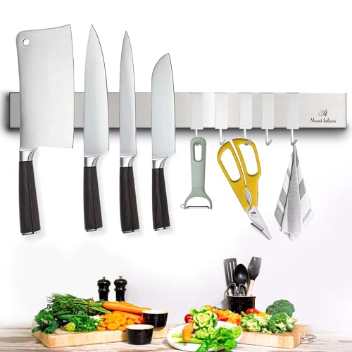 16 Inch Heavy Duty Kitchen Knife Magnetic Strip with Additional 5 Hooks-Multipurpose Stainless Steel Magnetic Tools, Knife Holder-Strong Magnetic Knife Holders for Wall No Drill required (Silver)