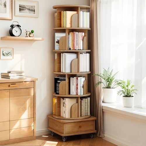 Rotating Bookshelf 5 Tier with Drawer & 4 Wheels, 360° Display Wood Spinning Bookshelf Tower, Movable Tall Narrow Bookcase for Bedroom, Living Room, Kid's Room, Entryway and Small Spaces