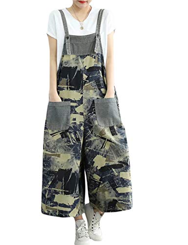 Flygo Women's Casual Loose Baggy Overalls Jumpsuits Rompers 100% Cotton Drop Crotch Floral Printed (Medium, Blue Black)