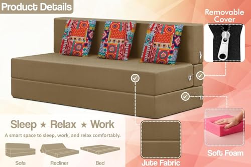 Image of Rosebell Three Seater Foldable Sofa Cum Bed (5x6 Feet) Jute Fabric, Washable Removable Cover Includes 3 Cushion | Space Saving Convertible Sofa Bed for Home, Office & Guests - Golden Color