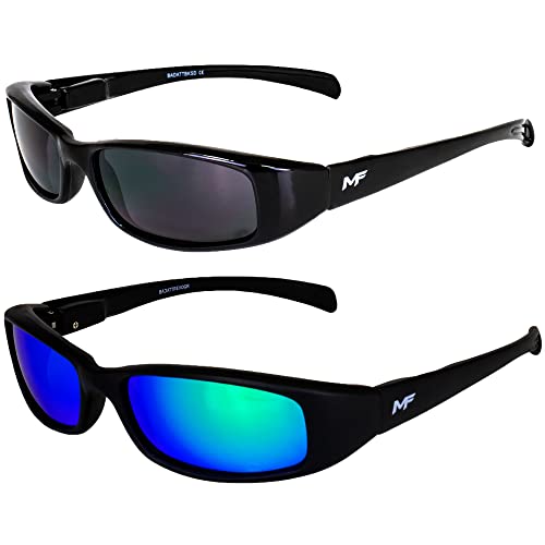 2 Pairs of MF Eyewear Bad Attitude Cool Wraparound Motorcycle Sunglasses Black Frames with Smoke & Green Mirror Lenses