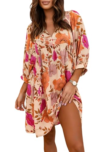 miduo Womens Casual V Neck Summer Half Sleeve Bohemian Floral Mini Tunic Short Dresses