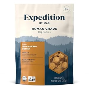 Amazon Brand – Wag Expedition Human Grade Organic Biscuits Dog Treats, Non-GMO, Peanut Butter, 10oz