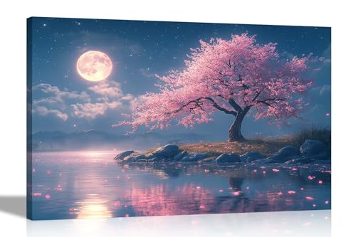 Image of Artley Prints - Lake Mountain Pink Tree Full Moon Canvas Prints Landscape Wall Art for Living Room Hallway Bedroom Home Office 30 x 20cm (12 x 8 inches) A4