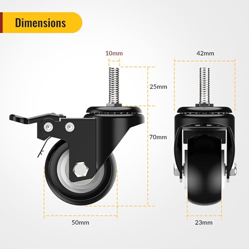 HOLKIE Lenkrollen 50mm(2 Zoll) Möbelrollen mit Totalfeststeller Transportrollen, M12 x 1,75 x 25mm (Schaftdurchmesser 12mm, Schaftlänge 25mm), Rollen für Möbel 4er Set Schwerlastrollen Schwarz