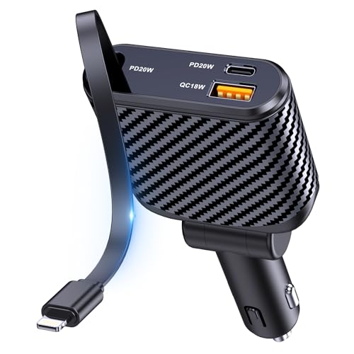 OHLPRO Retractable Car Charger, 58W Super Fast Car Phone Charger, [Smaller Compact] Car Charger Adapter with 35.4'' Retractable USB i Cord and 2 USB Charge Ports for iPhone 14 13 12 11