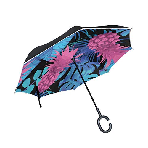 Mnsruu inversé parapluies Ananas Motif Double Couche Pliant Parapluie Coupe-Vent Anti-UV Coupe-Vent Voyage Parapluie pour Homme et Femme