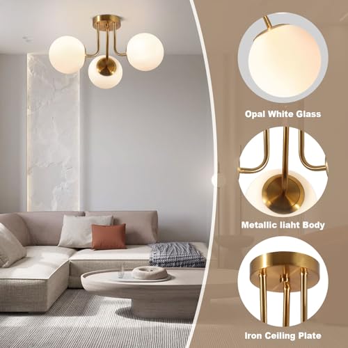 Bektas 3-Lights Semi Flush Mount Ceiling Light Fixture Brushed Gold Light Fixture Bend Modeling with Milk Glass Globe for Bedroom,Living Room,Dinning Room Foyer Hallway by Bektas - Used condition - Image 3