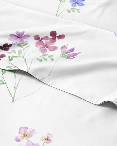 Image of Twin 4 Piece Boho Botanical Floral Sheet Set - Breathable & Cooling - Posy | 1 Flat, 1 Fitted & 2 Pillowcases w / Deep Pockets, Boho Botanical Floral Bedding, Breathable & Cooling, Wrinkle & Fade Free