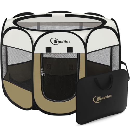 Image of Siedihit Dog Cat Playpen, Small Puppy Pet Playpen, Dog Crate Tent Cage Indoor /Outdoor, Portable Pop Up Dogs Kennel Playpen with Carrying Case for Dogs /Cats /Rabbits(Khaki, Small)