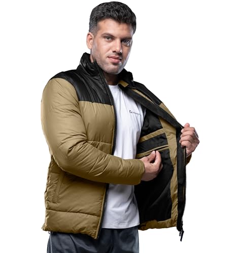 Image of URBAN BUCK Mens Puffer Jacket Midweight Long Sleeve Henry Beige Windproof Winter Recycled Down Water Repellent Climbing Men Coat (XL)