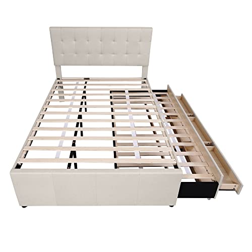 Cama Tapizada Doble 140 x 200 cm Con Extraíble y 3 Cajones - Lino, Altura Regulable, Cabecero Nido, Familiar (Beige) - imagen 8