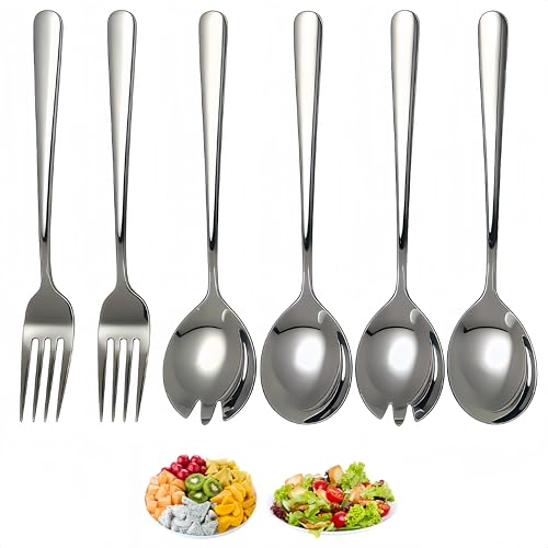 SHAOWENCB Salatbesteck 6-teilig Salatbesteck Edelstahl Vorlegebesteck,Servierlöffel Hochglanz Salatlöffel für Salat, Dessert & Obst Inkl für Familiencamping und Picknick.