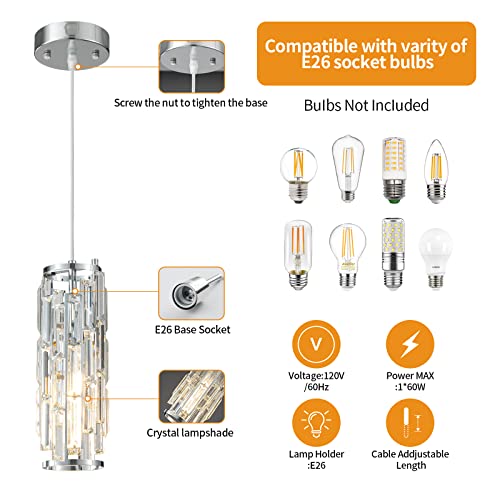 Lmqnine 1 Light Chrome Pendant Lighting Modern Pendant Light, Mini Crystal Chandeliers,Adjustable Pendant Light Fixture For Kitchen Island Dinning Room Bedroom (Chrome 1-Light) #TOP1