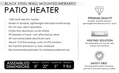 Fire Sense 60460 Wall Mounted Infrared Patio Heater 1500 Watts Weatherproof Lightweight For Indoor Outdoor Use 6 Foot Non Retractable Electrical Cord Mounting Bracket - Black #TOP5