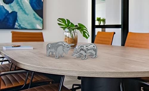 Desk statue bull and bear as a symbol for stock market & Wall Street - modern office decor sculpture in silver ceramics - decorative pair figure as for desk decor & living room