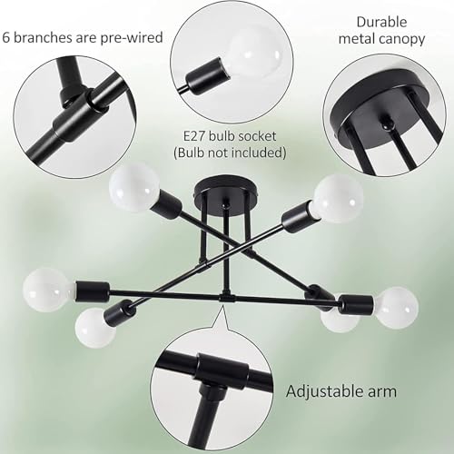 Lustre ajustável luminária de teto 6 luzes pretas modernas diâmetros 51 cm max 60 W luzes base E27 c