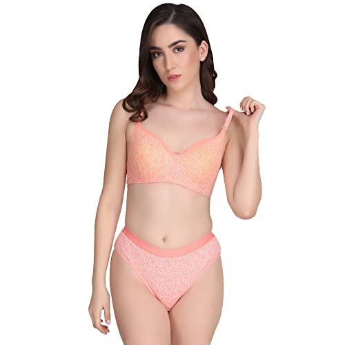 Image of Women Padded Printed Bra Panty - Made of Pure Cotton Full Coverage Non Wired Seamless Pushup Soft Cup for T-Shirt Saree Dress Sports Garment for Daily Use Everyday