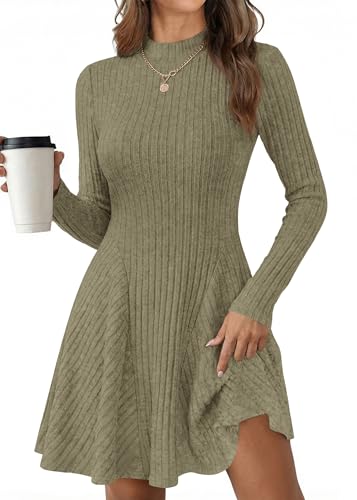 KIRUNDO Womens Sweater Dress Mock Neck Long Sleeve Ribbed Knit Fall Dresses | Lightweight Soft Stretchy, Mock Turtleneck, Short Length, A Line, Fit and Flare Swing, 2026 Fall Fashion, Winter Clothing