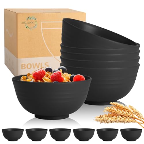 Image of Wheat Straw Bowls Set of 6, Unbreakable Lightweight 26 OZ Cereal Bowls for Kitchen, Reusable Salad Bowl, Microwave & Dishwasher Safe Bowl Set, Black