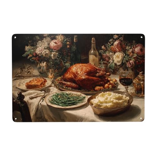 MA6GE8DE Vintage 8X12 Inch Tin Sign Plaque Classic Still Life Oil Painting, Warm Candlelit Atmosphere, Ideal For Kitchen Or Dining Room Wall Decor, A Festive Decorative Gift For Stress Relief