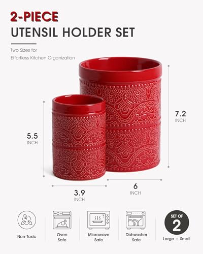 Image of FUN ELEMENTS Kitchen Utensil Holder, 7.2+5.5 inch Super Large Utensil Crock Heavy and Stable Lace Emboss Ceramic Utensil Holder for Kitchen Counter (2Pcs Christmas Red)