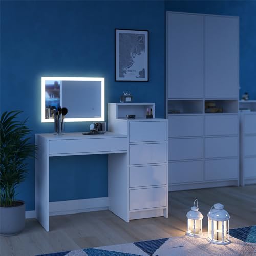 Vicco Tavolo Da Toilette Naara, Bianco, 110.5 Cm Con Specchio A Led