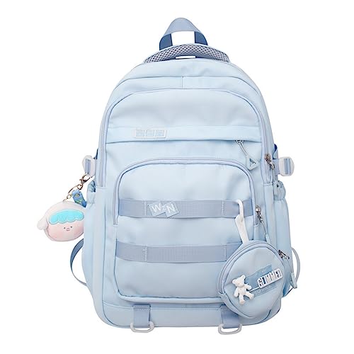 Kawaii Backpack with Cute Accessories Pendant Coin Purse Travel Bag Large Outdoor Waterproof Casual Daypack (Blue)