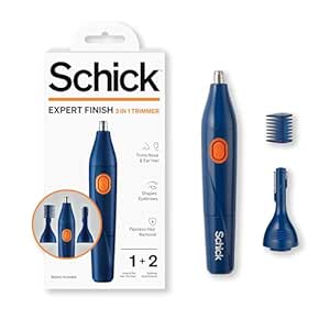 Schick Hair Trimmer, 3-in-1 Trimmer for Nose, Ear &amp; Eyebrows, Painless Hair Removal, Cordless, Quick-Change Attachments, Waterproof, Expert Finish, Unisex Grooming