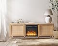 VINGLI Fireplace TV Stand for TVs Up to 75 inch, Rattan TV Stand with Electric Fireplace, Boho Modern Entertainment Center (70" x 24" x 14‘’, Oak, Comes in 2 Boxes)