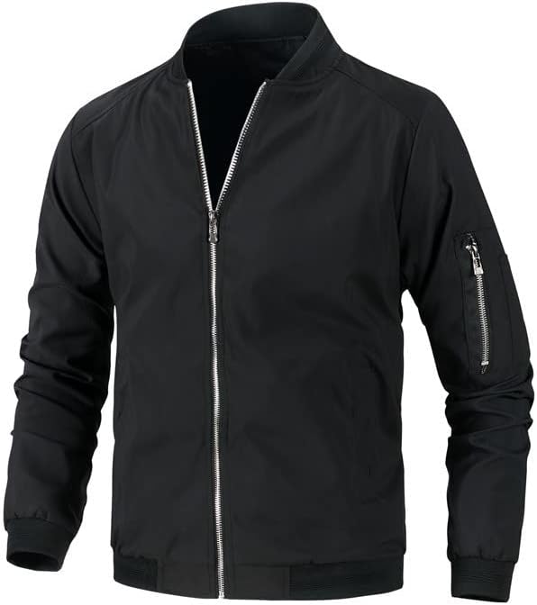 ENHU Men's Jackets Windproof Bomber Jacket, Casual Slim Jacket Coat for Men, Men's Full Zip Spring Fall Warm Coats Outwear Softshell Varsity Jacket Fit Thin Lightweight Coat Military Jacket, Black - M
