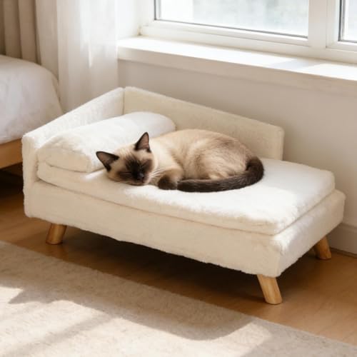 Vilanpaw Elevated Cat Couch Sofa: Wooden Cat Bed Dog Chair with Bolster Cushion for Small Dogs Cute Pet Chaise Soft Cushion Fluffy Washable for Puppy