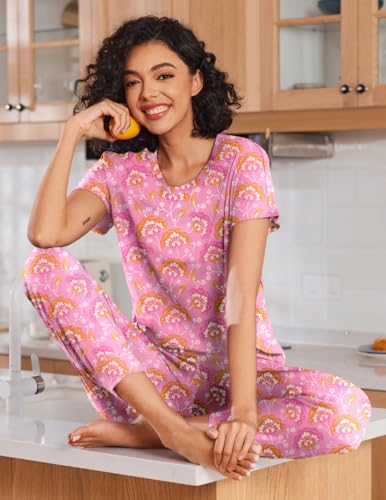 Image of Ekouaer 2 pack Womens Pajama Short Sleeve Jogger Pants Pjs Lounge Set | Pajama Sets with Pockets Comfy Sleepwear for Daily Wear, Sleep, Home, Sport, Workout