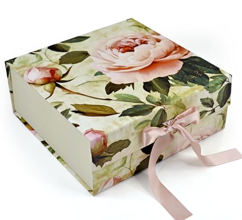 Image of RBS - Medium Foldable Gift Box (26 x 26 x 10cm) Decorative Gift Packing Box with Ribbon (1 Pack) Holds Upto 8 kg Hamper Boxes for Gift Empty All Occasions Reuse Gift Box for Packaging (M-Flora Luxe)