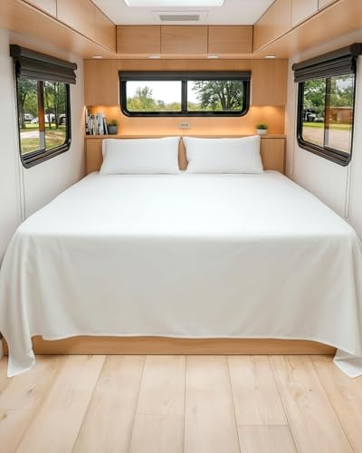 Image of RV Short King Bed Sheet Set, 72 inch x 75 inch - RV Short King Sheets - White | 8 inch to 12 inch Deep Pocket, Designed for RVs, Bunks, Trailers, Campers & Short RV King Mattresses, Fitted Sheets for RV Beds
