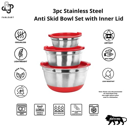 Image of Stainless Steel Anti Skid Mixing Serving Storage Bowl with Inner Lid; Red; Set of 3 Pcs; 450ml, 1400ml, 2800ml Respectively