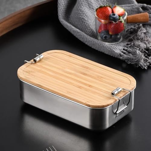 TAMUME Caja Bento de acero inoxidable 304 con tapa de bambú y diseño de doble pestillo