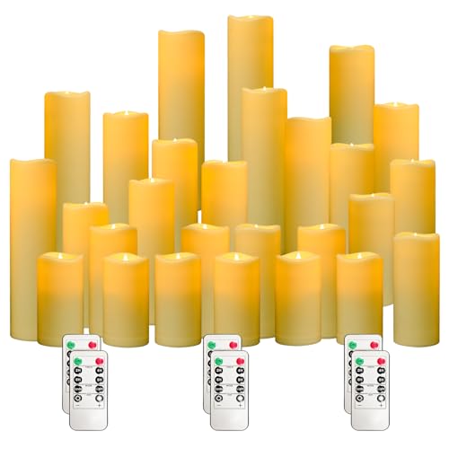 Image of YIWER Plastic Waterproof Flameless Candles Set of 27: Battery Operated Candles Ivory Flickering Pillar Candles Include 4 inch /5 inch /6 inch /7 inch /8 inch /9 inch with 10-Key Remote 2 /4 /6 /8H Timer Function