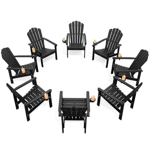 THOEOE Stackable Adirondack Chair Set of 8, HDPE All-Weather Adirondack Chairs - Durable and Space Saving, Plastic Outdoor Fire Pit Chairs with Cup Holder,Black