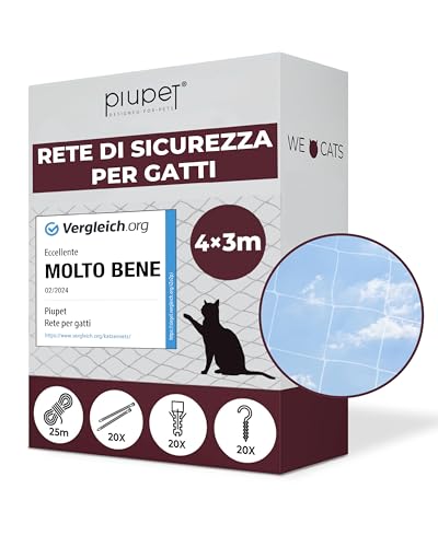 PiuPet® Rete per Gatti I Trasparente I 4x3m I Incl. Corda di Fissaggio I Rete per Gatti Balcone Trasparente I Rete Balcone per Gatti | Rete Protezione Balcone e Finestra per Gatti