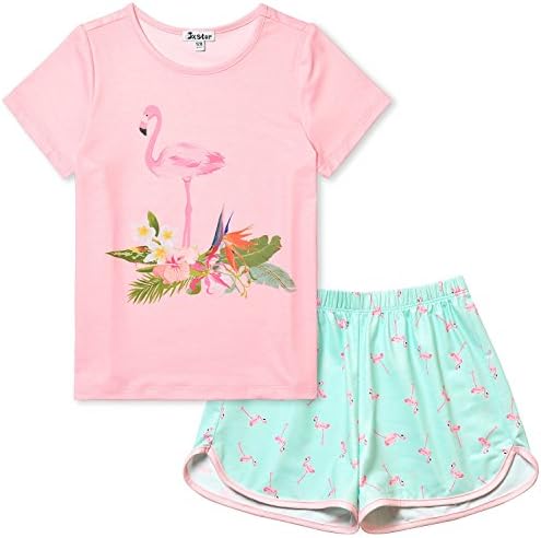 Jxstar Girl Pajamas Flamingo Sleepwear Kids Pink Summer Cotton Mint Short Sleeves Set 6-7 Years