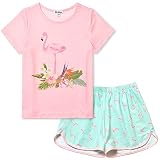 Jxstar Girl Pajamas Flamingo Sleepwear Kids Pink Summer Cotton Mint Short Sleeves Set 6-7 Years
