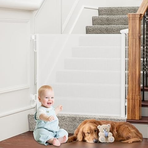 Retractable Baby Gates Extra Wide, PRObebi Retractable Dog Gate for The House Extends to 54" Wide 34" Tall, Gates for Baby Indoor, Stair Gate for Outdoor, Staris, Hallways, Doorways, Deck, Porch Cover