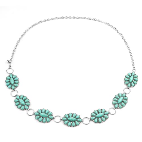 1 Pcs Green Concho Belts for Women,Oval Turquoise Belt with Silver Metal Concho Chain,Adjustable Turquoise Belts for Women Western,Western Chain Belt Using on Cowgirl Dresses and Jeans